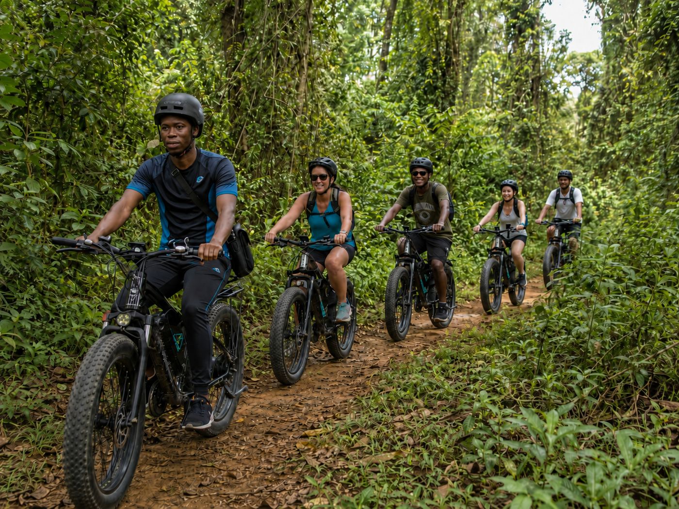 Groupe en e-fatbike sur un sentier forestier pr&egrave;s de Kibira